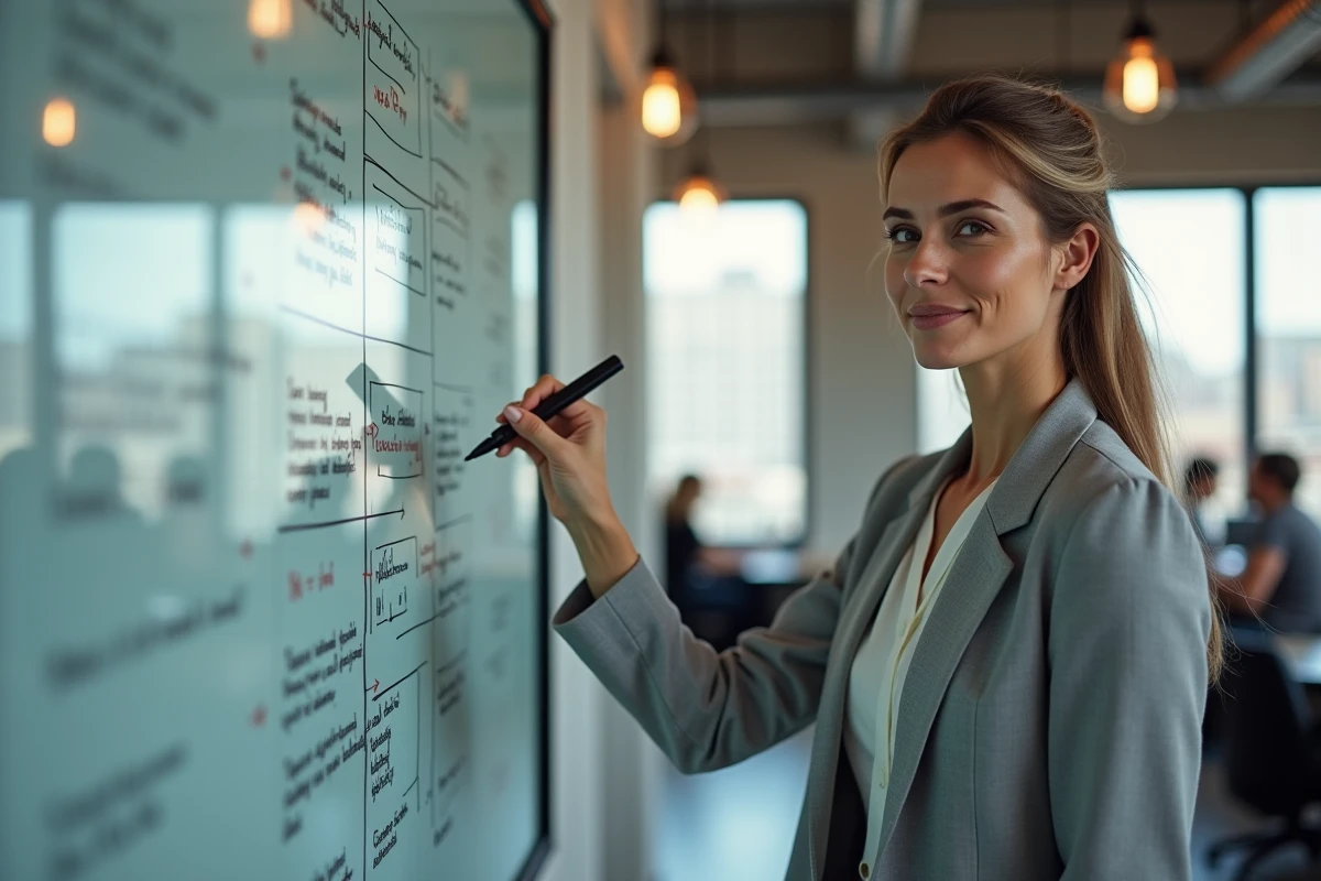 Femme entrepreneur présentant un système d'automatisation business devant un tableau blanc dans un espace de coworking