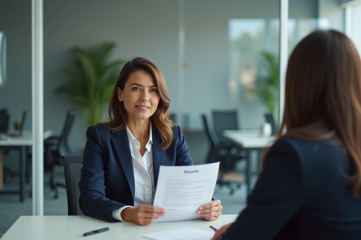 Femme professionnelle en entretien d'embauche expliquant une perte d'emploi à un recruteur dans un bureau moderne
