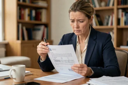 Femme examinant un devis signé à son bureau à domicile avant de demander une rétractation