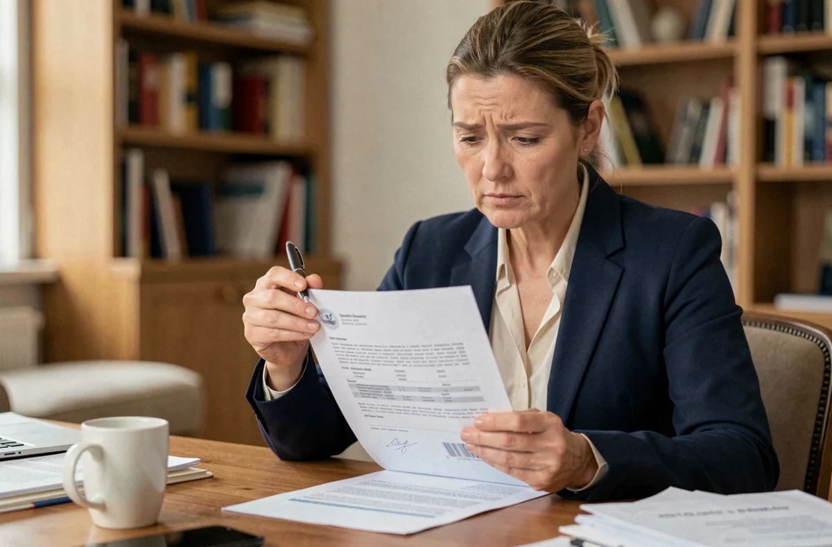 Femme examinant un devis signé à son bureau à domicile avant de demander une rétractation