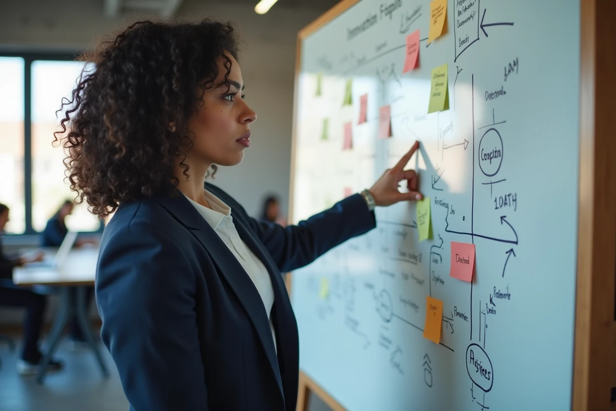 Femme ingénieure devant un tableau blanc expliquant le processus de transformation d'une invention en innovation dans un bureau moderne