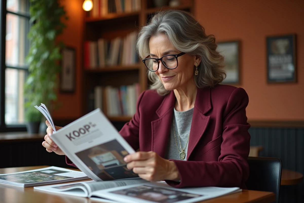 Femme lisant un magazine international dans un café, entourée de plusieurs publications mondiales sur une table en bois