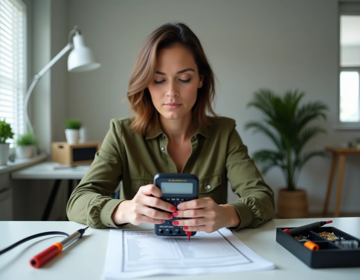 Femme tenant un multimètre numérique à son bureau d'électronique amateur, avec des outils de débutant organisés autour d'elle