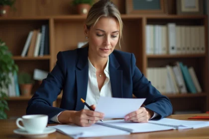 Femme relisant attentivement une lettre recommandée avec accusé de réception à son bureau à domicile