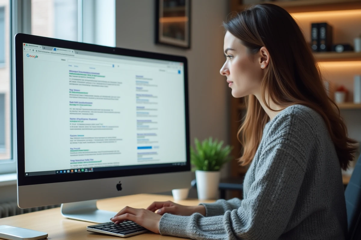 Femme travaillant sur l'optimisation SEO et la visibilité Google devant un ordinateur dans un bureau moderne