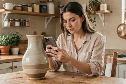 Femme photographiant un objet vintage pour une application de troc numérique dans une cuisine moderne