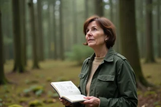 Forestière experte prenant des notes sur le terrain dans une forêt mixte pour un diagnostic sylvicole SILVAE
