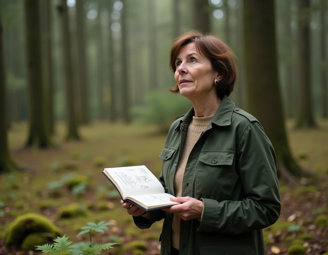 Forestière experte prenant des notes sur le terrain dans une forêt mixte pour un diagnostic sylvicole SILVAE