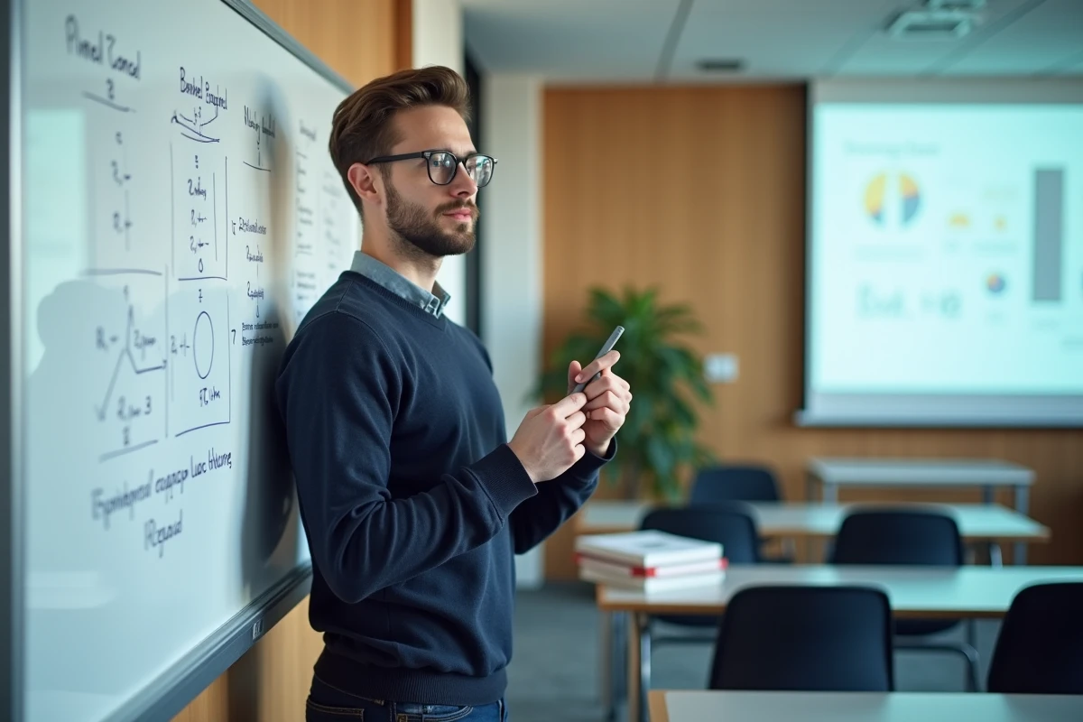 Formateur en comptabilité expliquant des concepts de bilan comptable sur un tableau blanc dans une salle de formation professionnelle