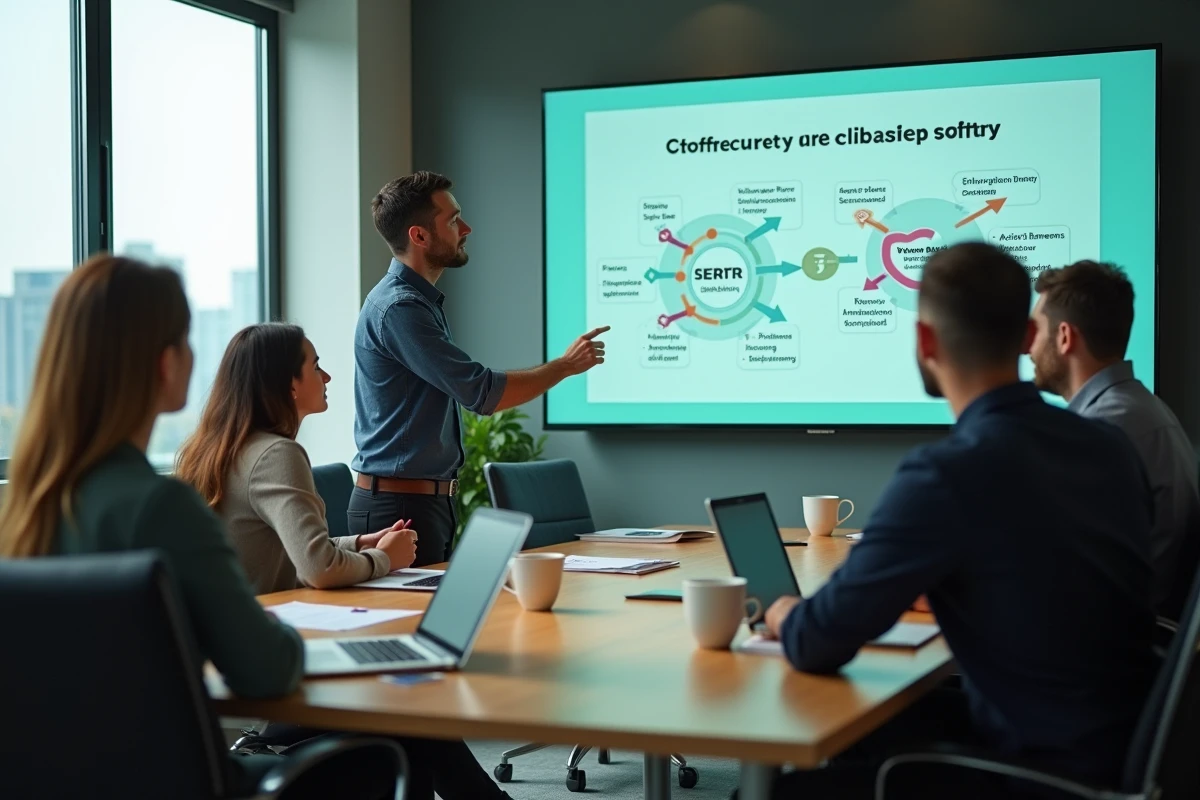 Formation des employés aux stratégies de sécurité en entreprise lors d'une session de sensibilisation en salle de réunion