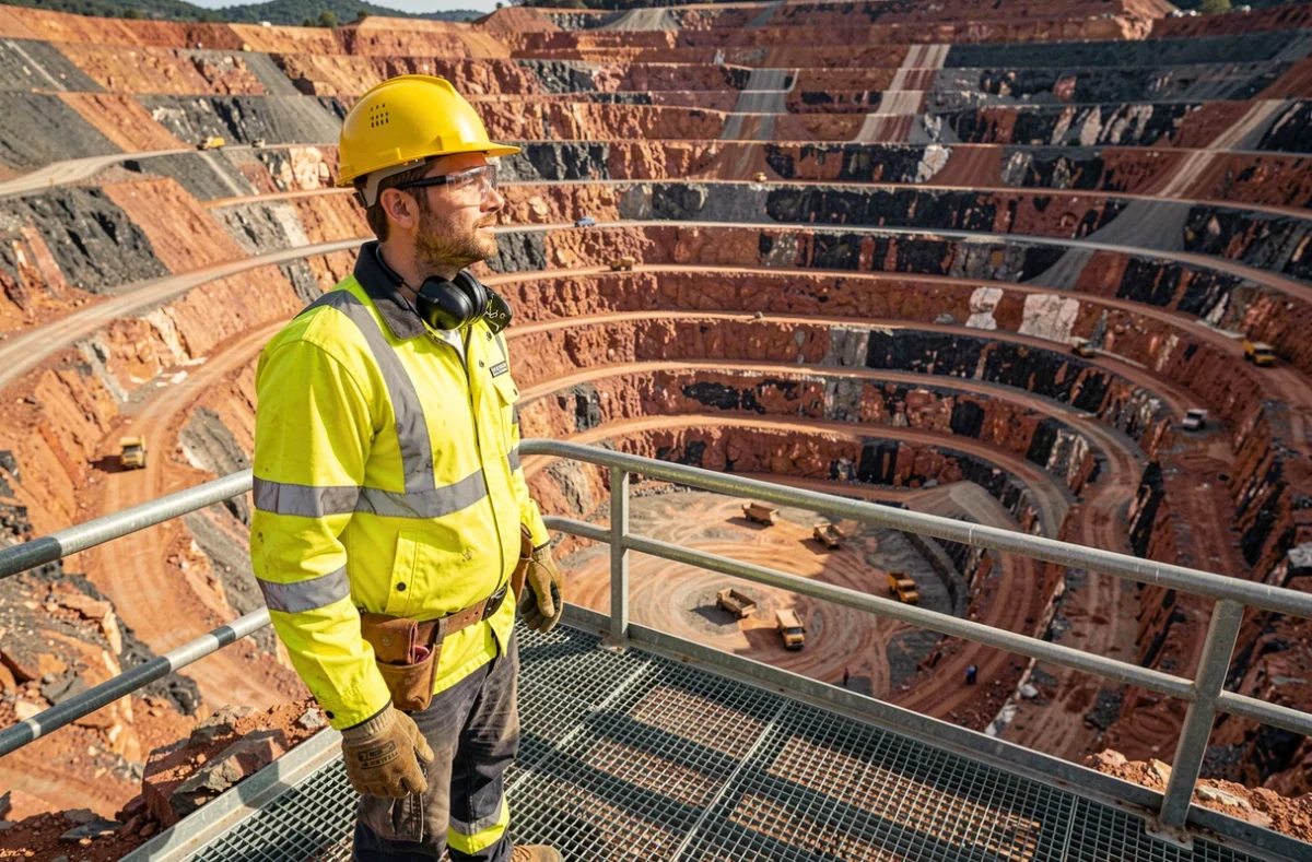 Jeune Français en équipement de protection individuelle contemplant l'immensité d'une mine à ciel ouvert en Queensland, Australie