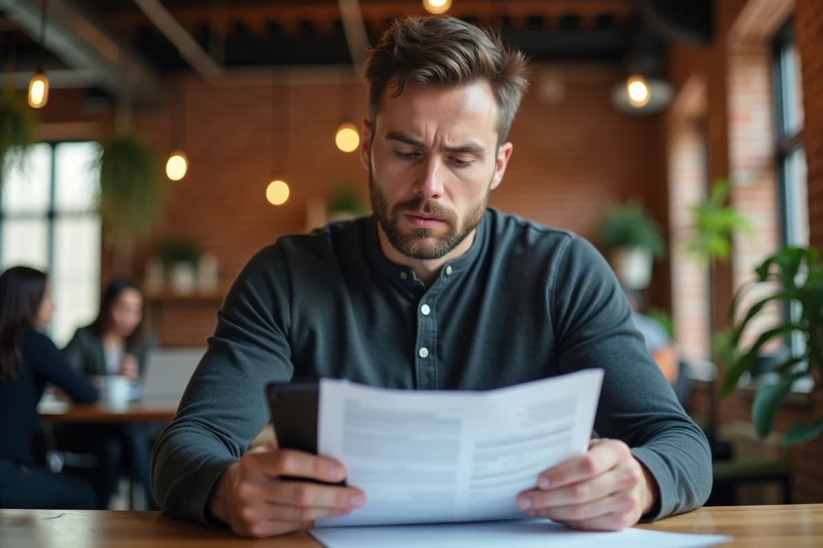 Développeur freelance en espace de coworking comparant les garanties de son assurance Loop sur smartphone et documents papier