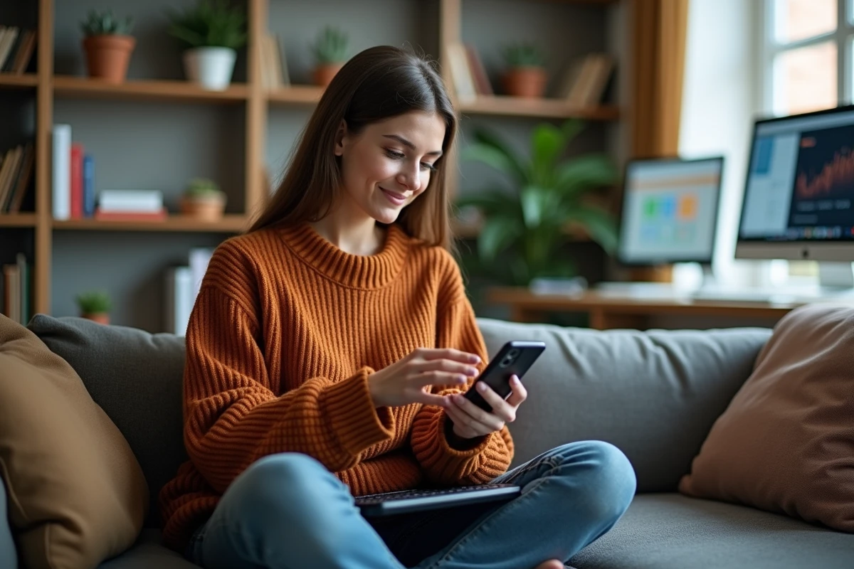 Jeune professionnelle gérant des campagnes de marketing sur les réseaux sociaux depuis un bureau à domicile avec smartphone et ordinateur