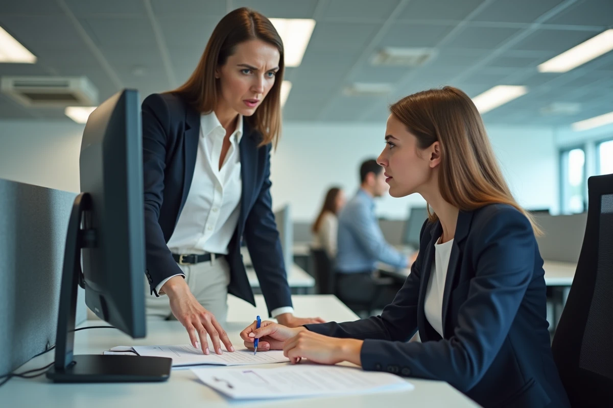 Scène de pression hiérarchique au bureau entre une manager et une employée illustrant le harcèlement au travail et l'abus de pouvoir professionnel