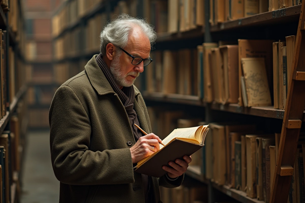 Historien examinant des archives commerciales anciennes dans une bibliothèque universitaire évoquant l'histoire des grandes entreprises