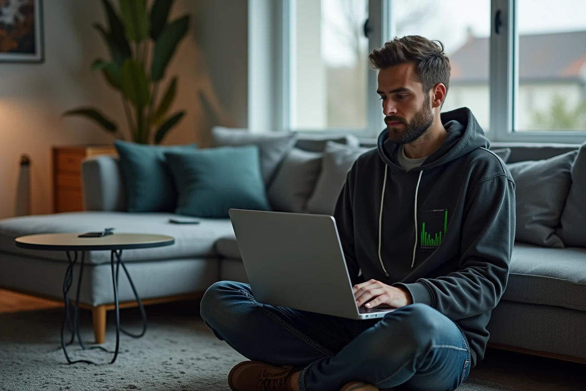 Homme travaillant sur un bot d'automatisation de trading cryptomonnaie depuis son salon avec un laptop