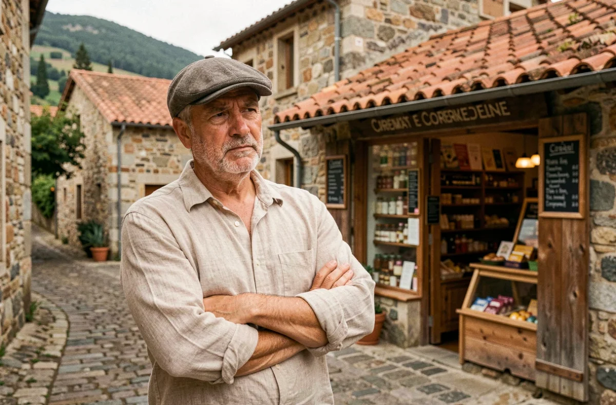 Homme corse en chemise de lin devant une épicerie traditionnelle de village en pierre, bras croisés, regard pensif illustrant le débat économie versus culture en Corse