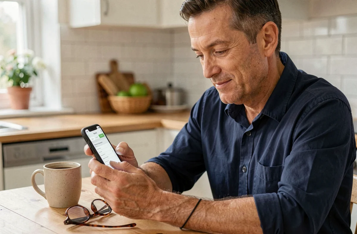 Homme à domicile consultant l'application Arkevia pour accéder à ses bulletins de paie sur smartphone