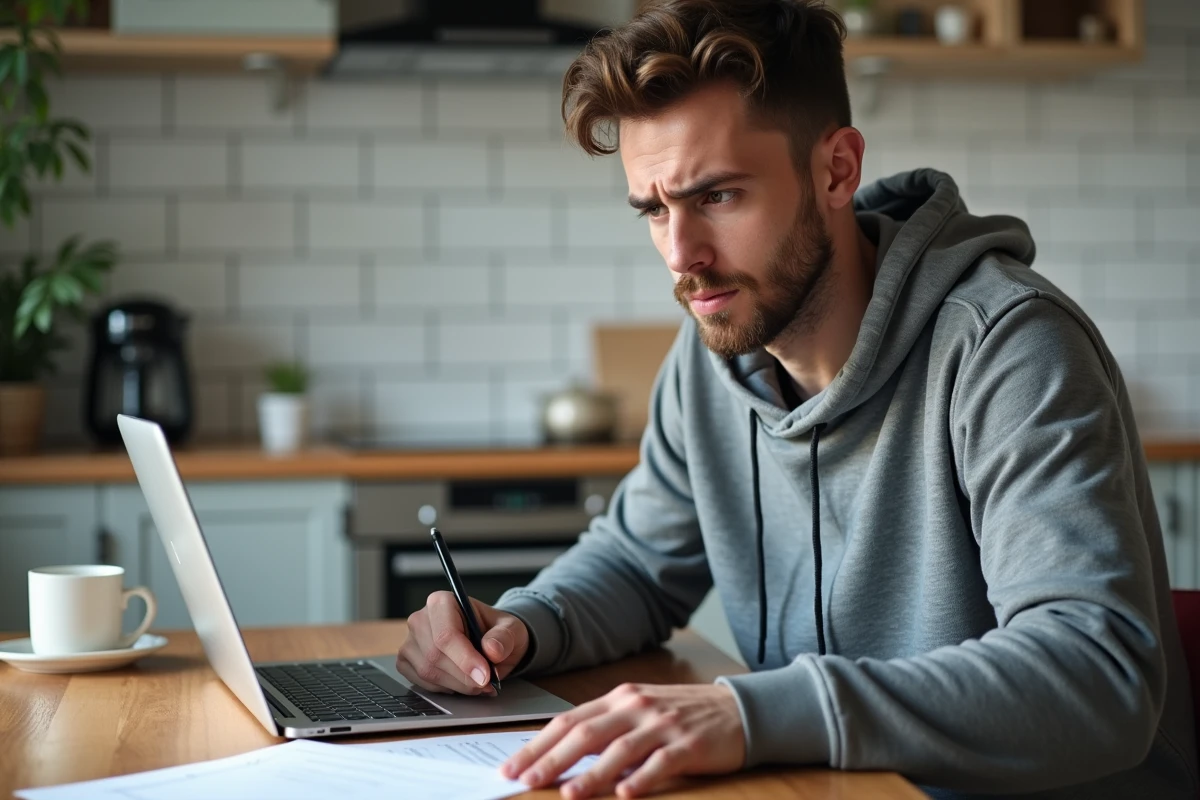 Jeune homme remplissant un dossier Pôle emploi à domicile après la fin de son contrat à durée déterminée