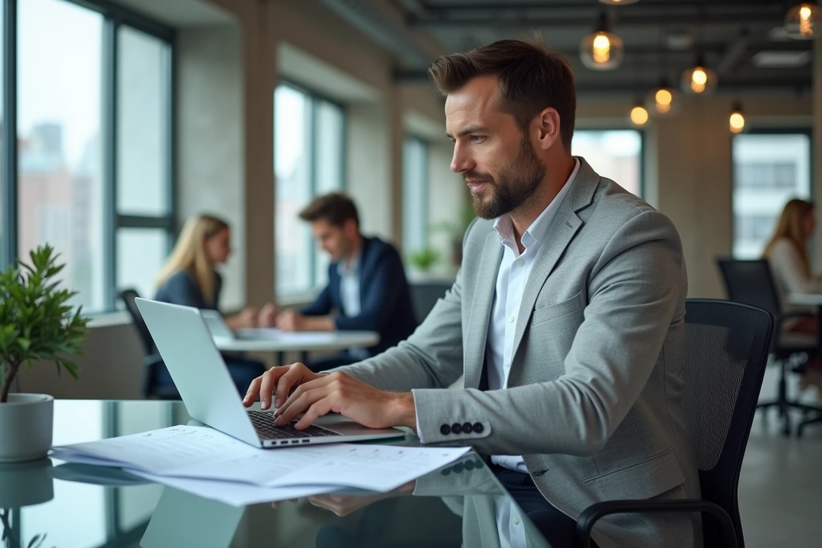 Homme consultant un calendrier numérique et un planning annuel imprimé pour comptabiliser ses jours travaillés