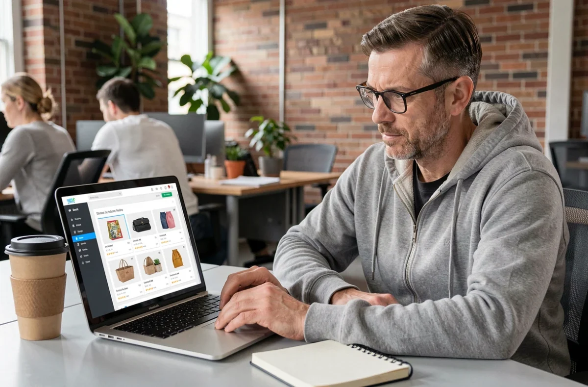 Homme consultant une plateforme de troc numérique sur un ordinateur portable dans un espace de coworking