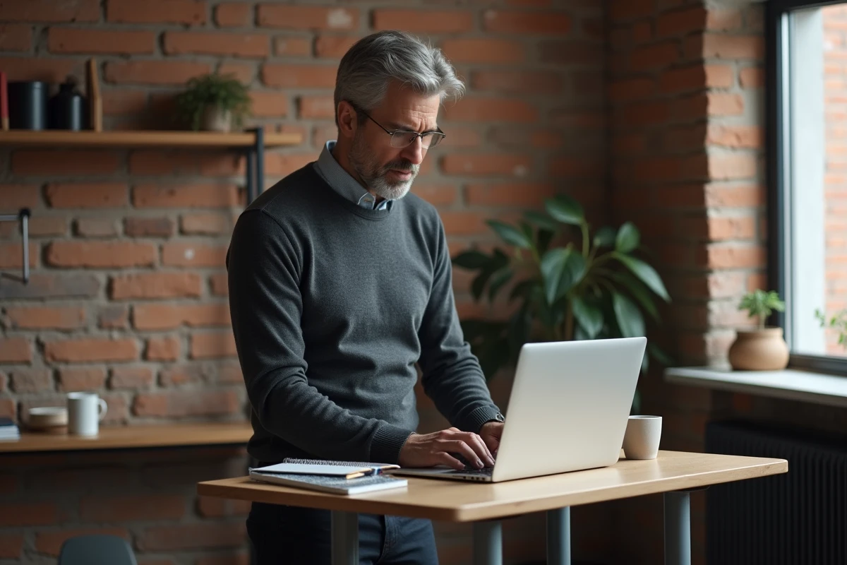 Homme concentré rédigeant un document professionnel sur ordinateur portable dans un bureau minimaliste à domicile