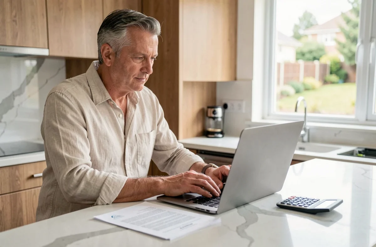 Homme rédigeant une lettre de rétractation sur son ordinateur portable avec un contrat et une calculatrice posés à côté