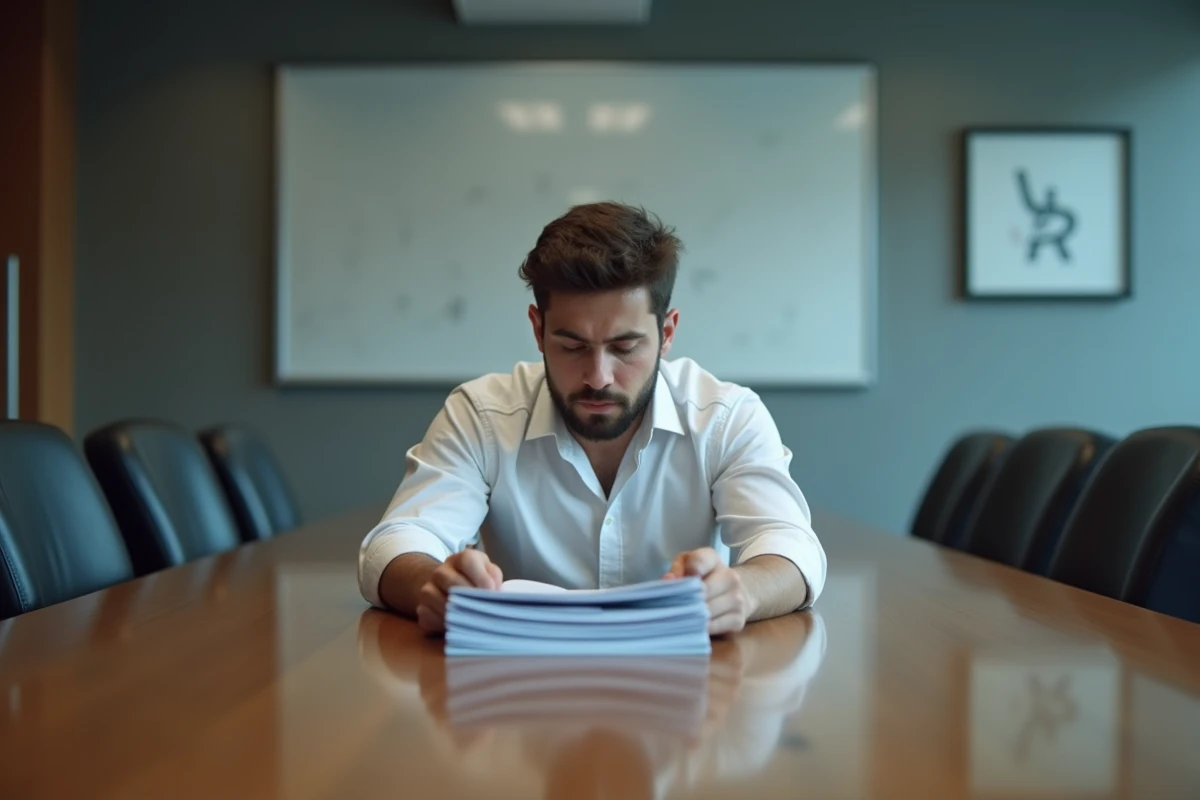 Jeune professionnel seul et épuisé dans une grande salle de conférence vide illustrant le sentiment d'impuissance face à l'abus de pouvoir institutionnel