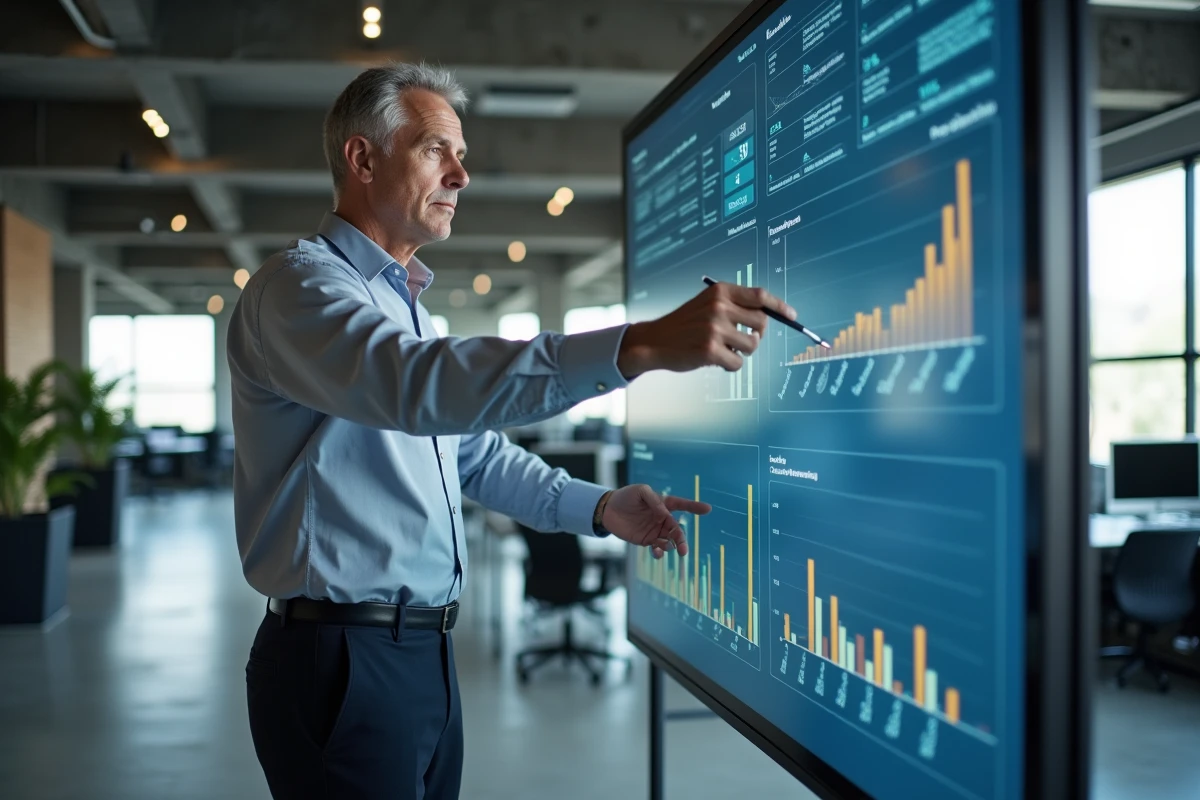 Directeur des achats présentant des indicateurs de performance fournisseurs sur écran digital en bureau open space