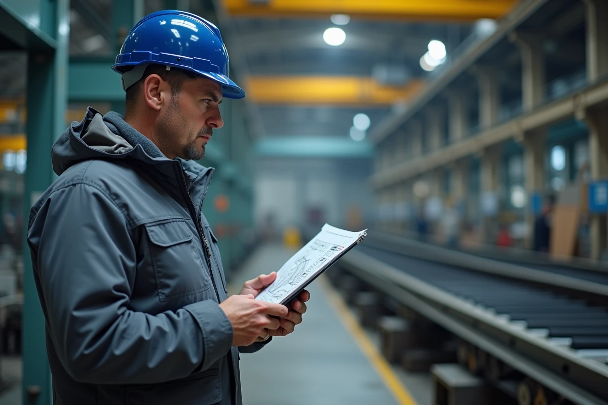 Ingénieur en atelier industriel consultant des données techniques sur tablette dans une usine à Annecy