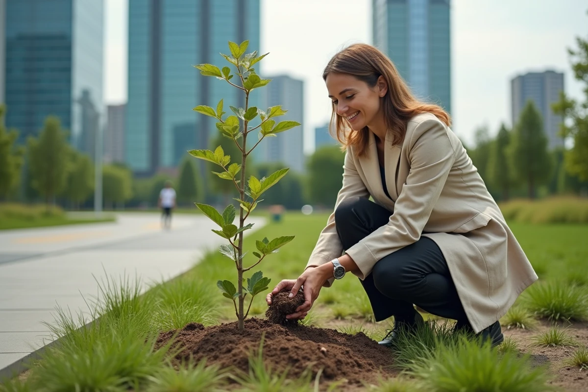 Ingénieure environnementale plantant un arbre dans un parc urbain, illustrant le développement durable en milieu citadin