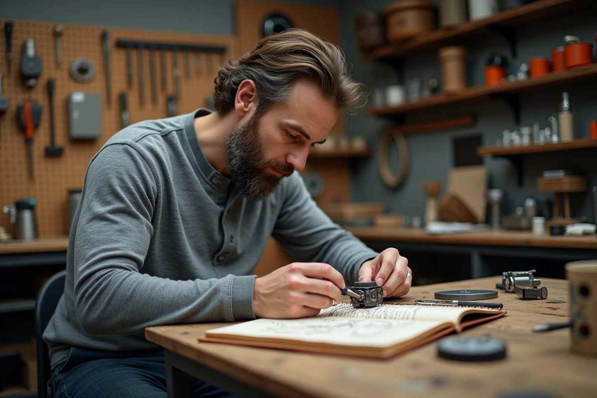 Inventeur masculin assemblant un prototype mécanique dans un atelier artisanal, illustrant le passage de l'invention à l'innovation