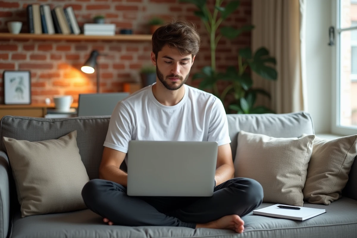Jeune professionnel indépendant apprenant la comptabilité sur un ordinateur portable dans un bureau à domicile moderne avec des murs en briques