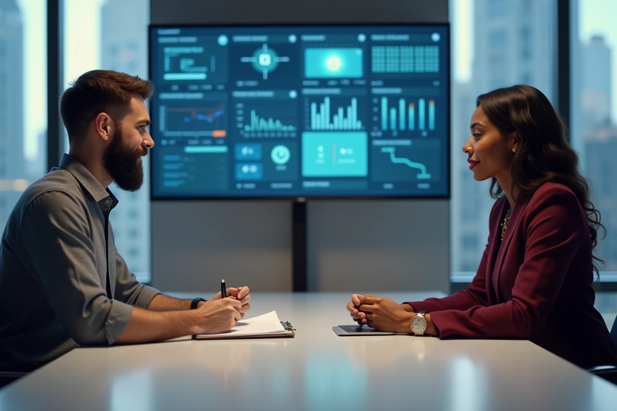Jury d'entretien en cybersécurité composé de deux recruteurs professionnels dans une salle de réunion d'entreprise moderne avec tableau de bord sécurité informatique