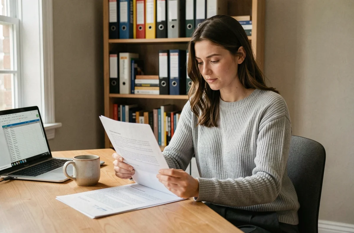 Jeune femme lisant attentivement son contrat CDI à domicile après une période en CDD
