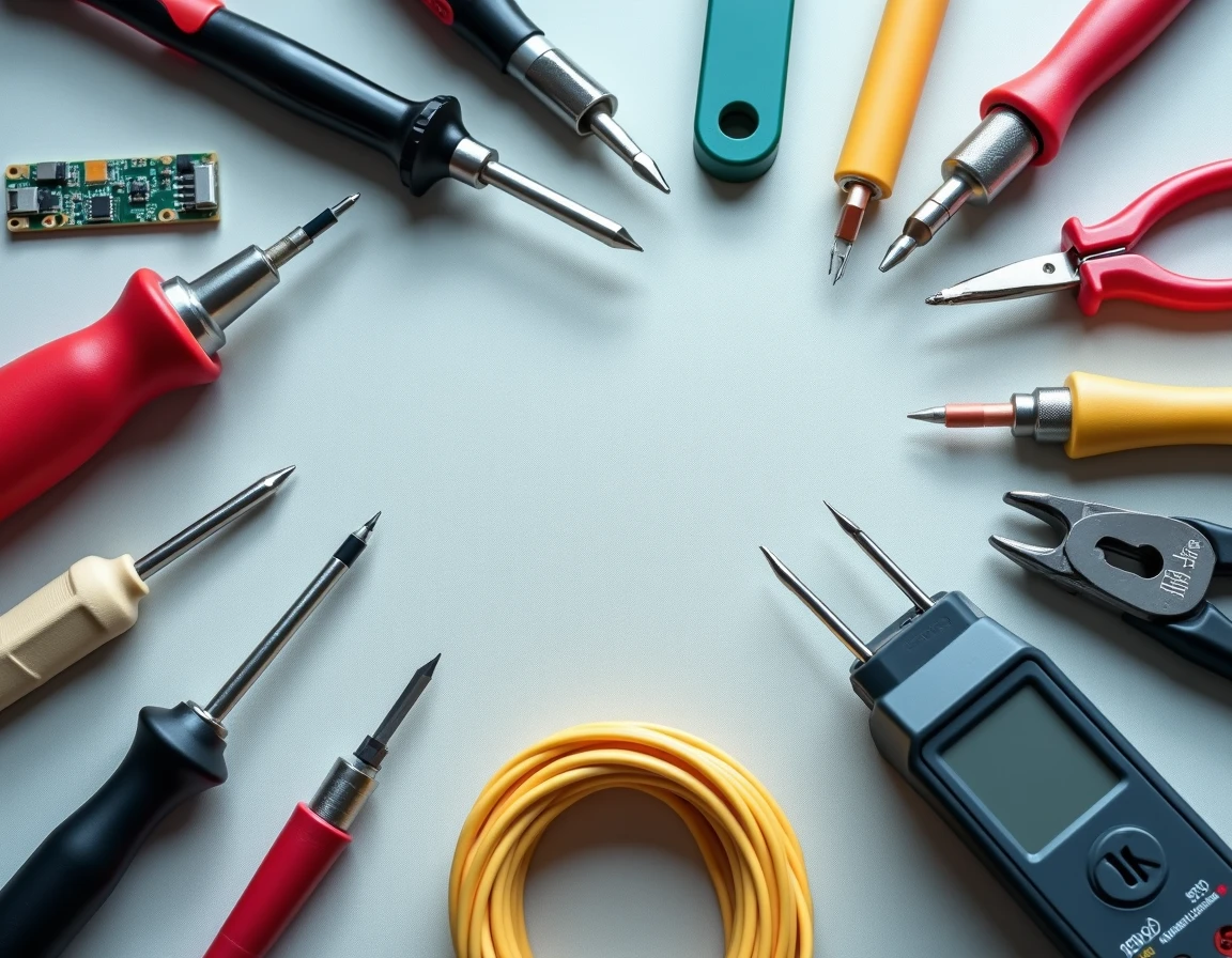 Vue à plat des outils indispensables pour débuter en électronique, tournevis de précision, multimètre et fer à souder sur fond gris