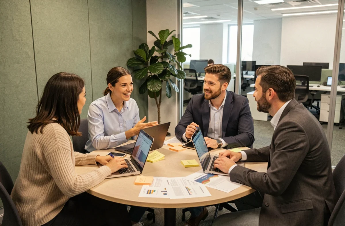 Équipe professionnelle diverse en réunion collaborative autour d'une table ronde avec laptops et documents, illustrant la gestion des talents et la progression des compétences dans le contexte de la loi de Peters