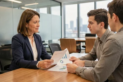 Responsable RH en blazer marine discutant des performances professionnelles avec un collaborateur autour d'une table de réunion moderne, illustrant la loi de Peters et le management de progression