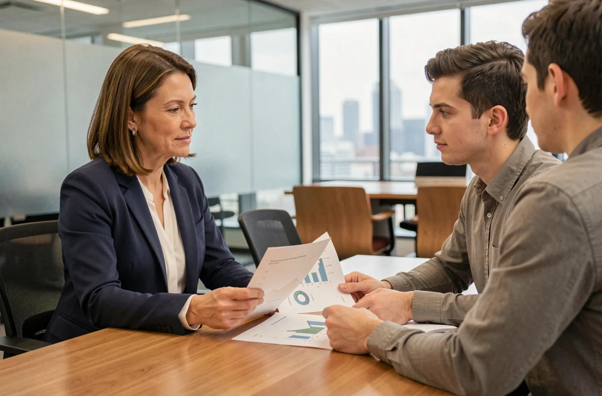 Responsable RH en blazer marine discutant des performances professionnelles avec un collaborateur autour d'une table de réunion moderne, illustrant la loi de Peters et le management de progression