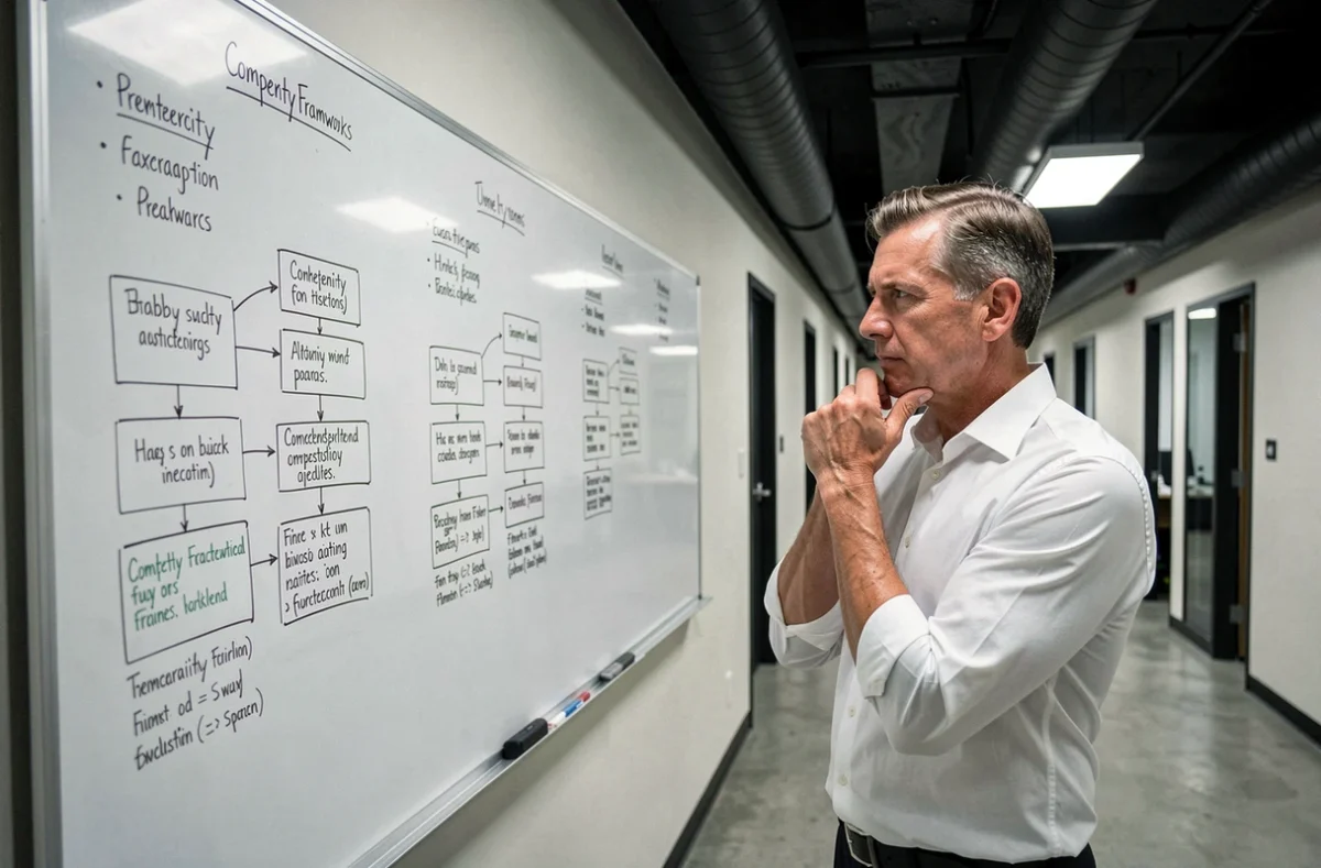 Manager expérimenté analysant un organigramme de compétences sur un tableau blanc dans un couloir de bureau, symbolisant la réflexion stratégique autour du principe de Peters en management