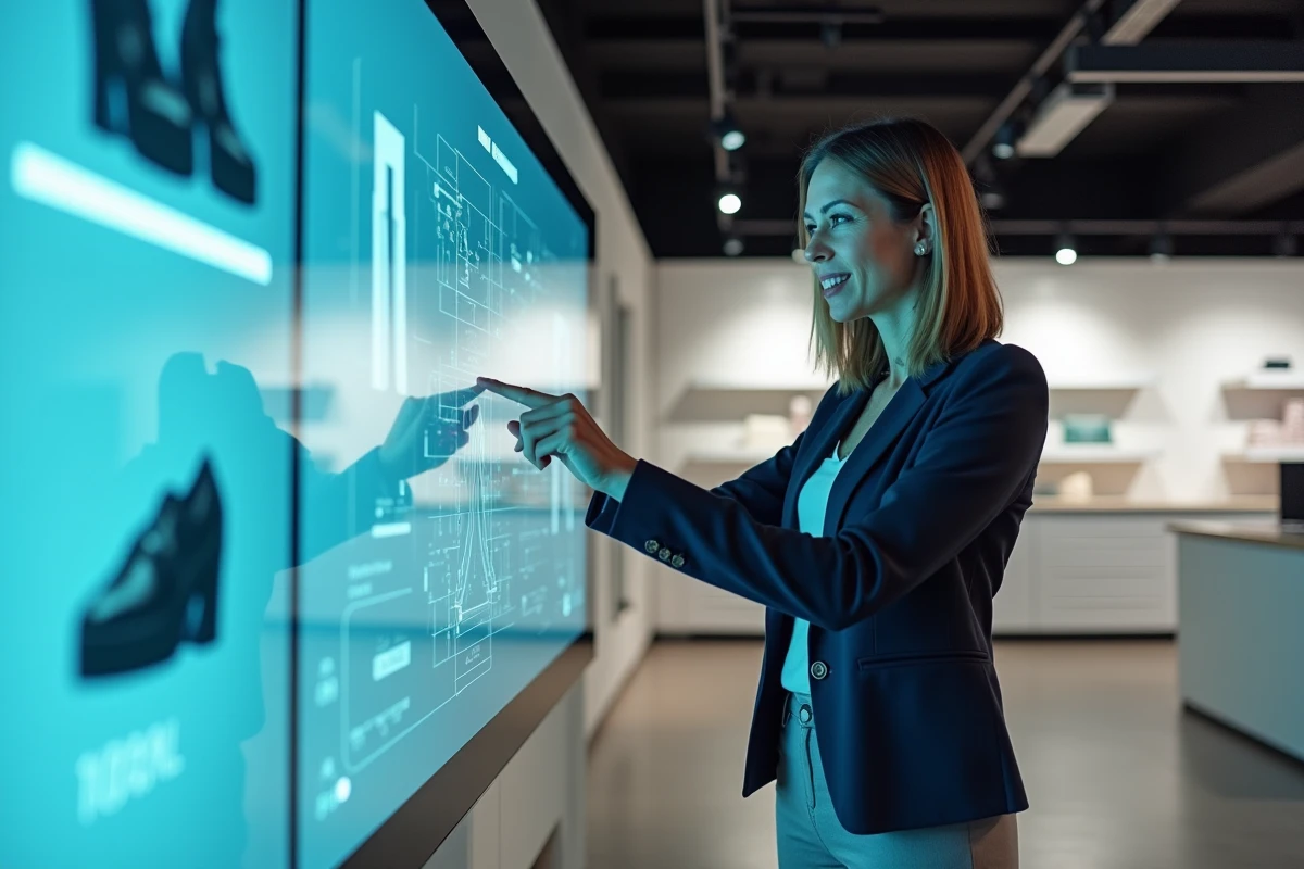 Femme utilisant un kiosque interactif dans un magasin du futur au design épuré et connecté