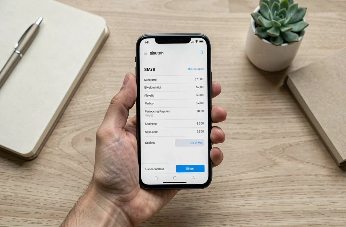 Gros plan d'une main tenant un smartphone affichant un bulletin de paie via l'application Arkevia sur un bureau minimaliste