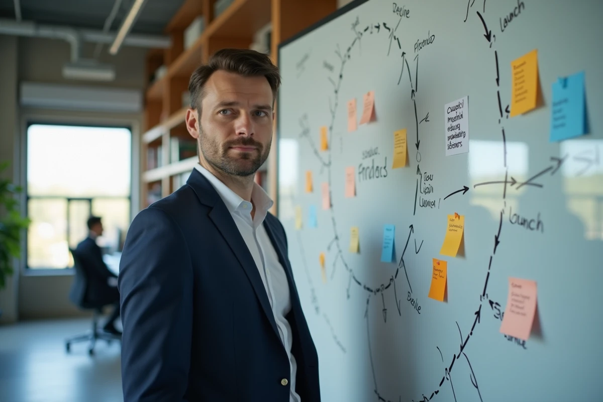 Manager analysant le cycle de vie d'un produit devant un tableau blanc avec des diagrammes de phases en entreprise