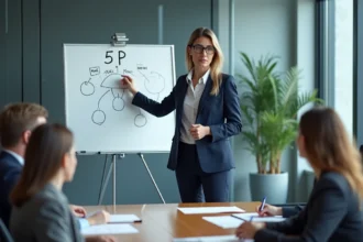 Manager qualité femme expliquant les 5P sur un tableau blanc dans une salle de réunion d'entreprise