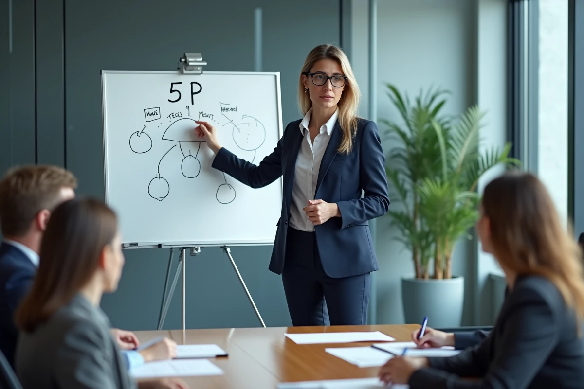 Manager qualité femme expliquant les 5P sur un tableau blanc dans une salle de réunion d'entreprise