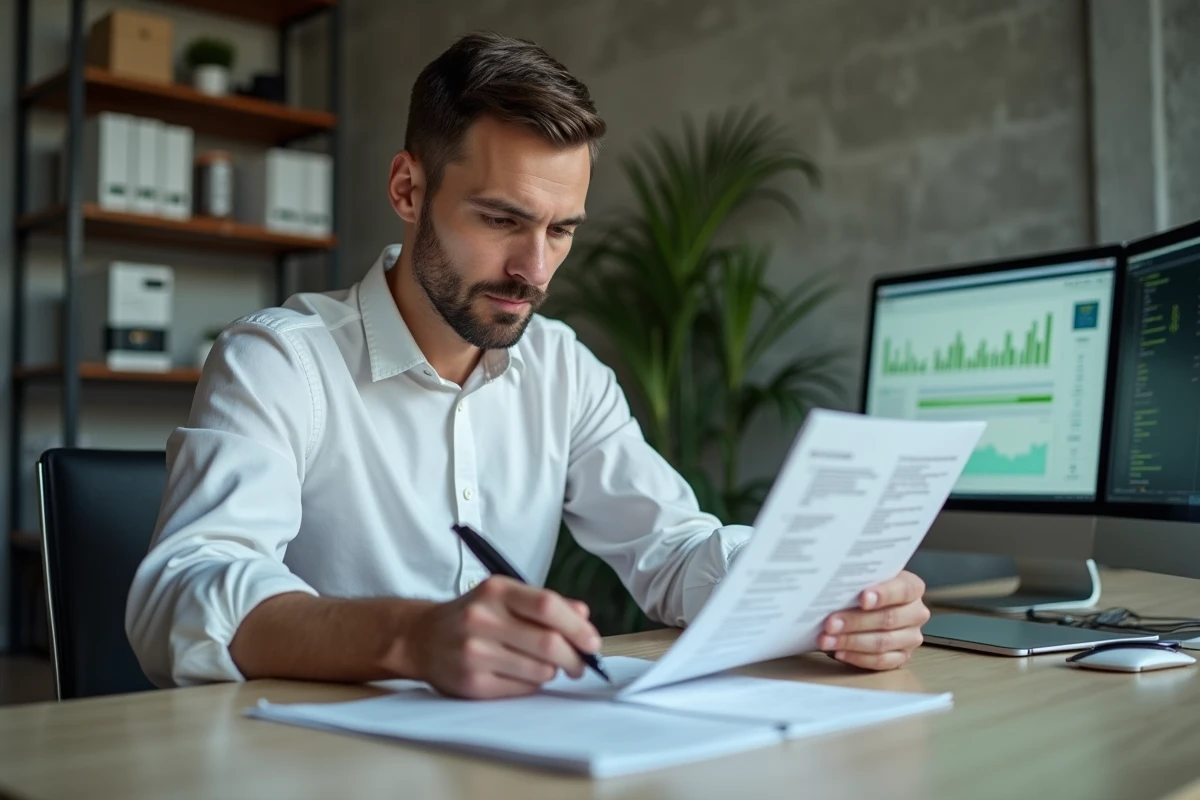 Manager qualité homme analysant une checklist d'audit qualité à son bureau avec prise de notes manuscrites