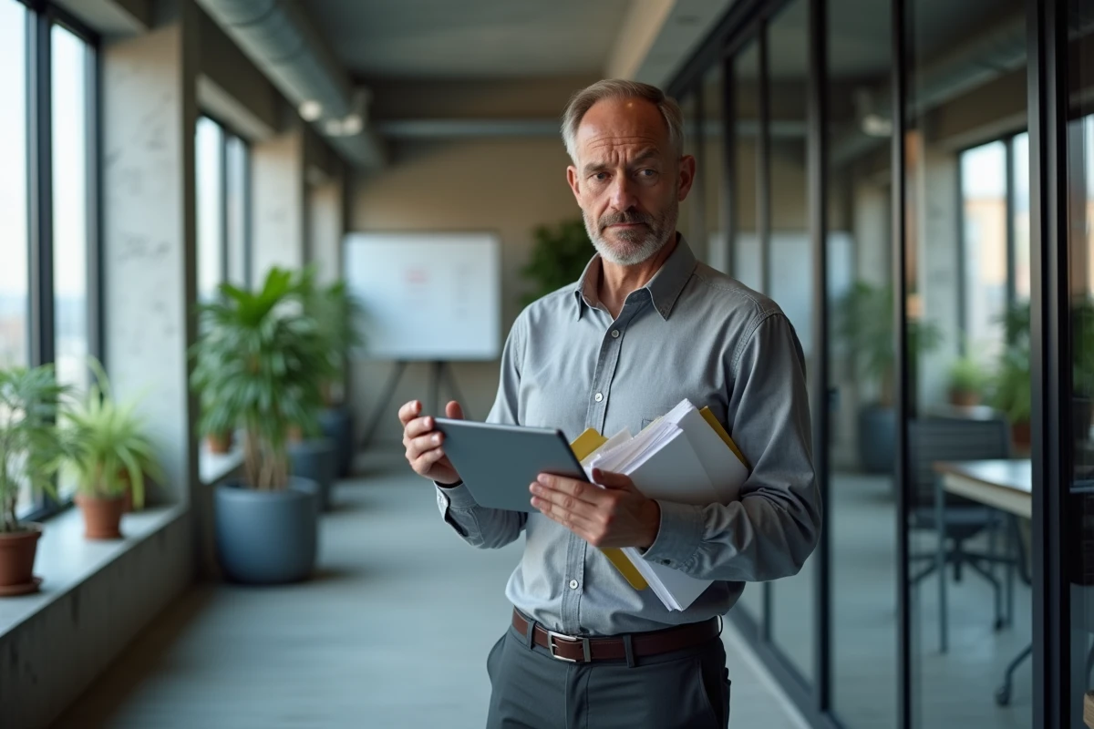 Manager RH consultant une application d'archivage de documents sur tablette dans un espace de travail collaboratif