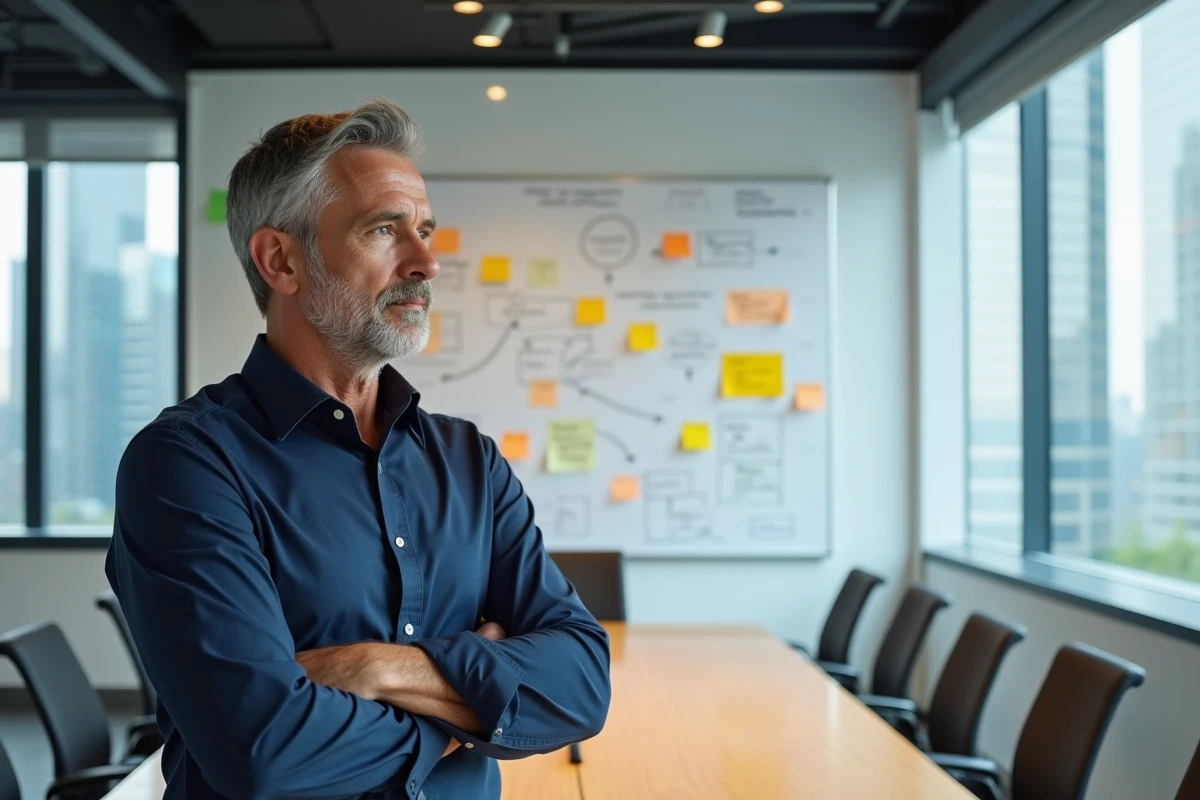 Manager senior devant un tableau blanc avec des notes sur la mise en place d'un portail métier en salle de réunion