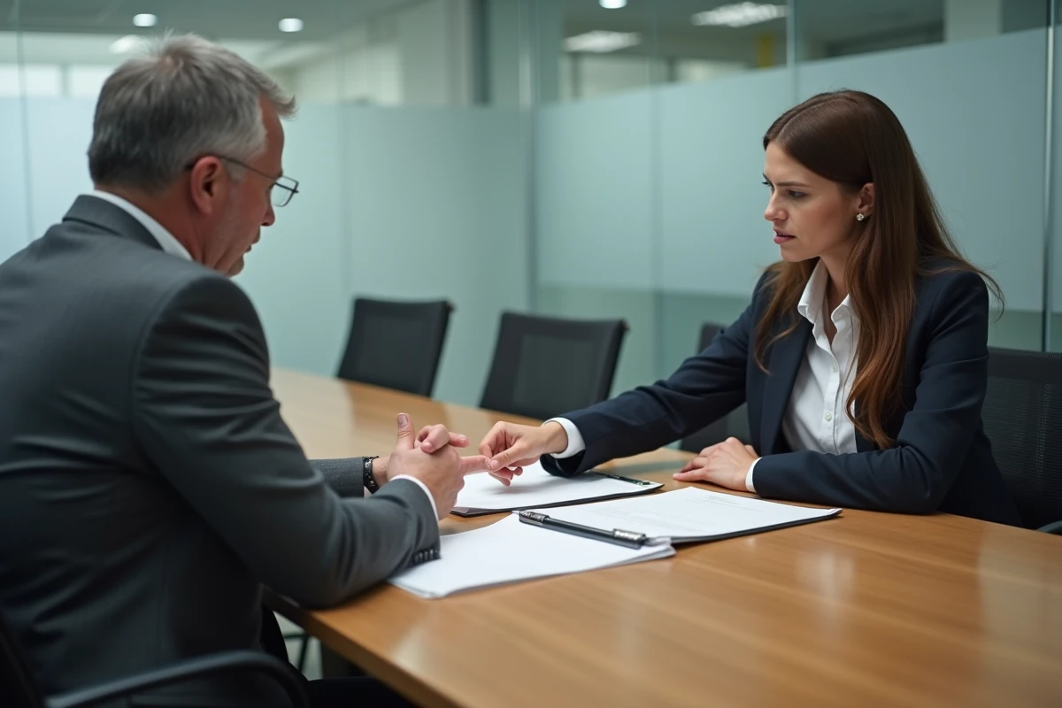 Scène de confrontation entre un manager et une employée dans une salle de réunion d'entreprise illustrant un manquement grave de l'employeur