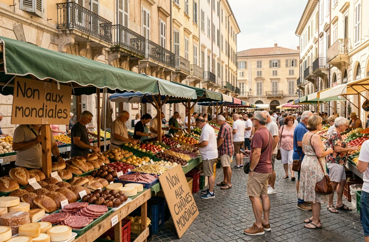 Vue grand angle d'un marché traditionnel animé en Corse avec des étals de produits locaux et une pancarte de protestation contre les chaînes mondiales, ambiance photojournalistique